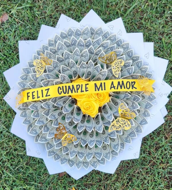 Ramo de Billetes y Rosas Amarillas Feliz Cumpleaños