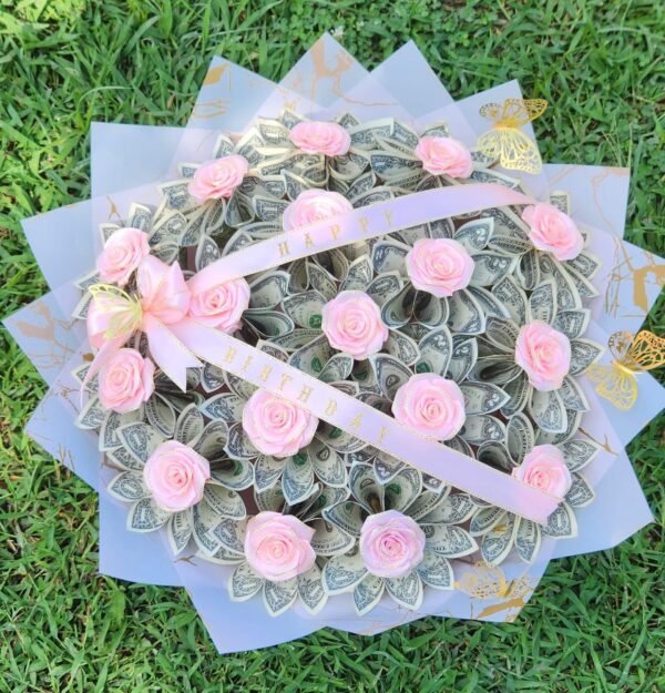 Bouquet de Billetes con Rosas Rosas Happy Birthday