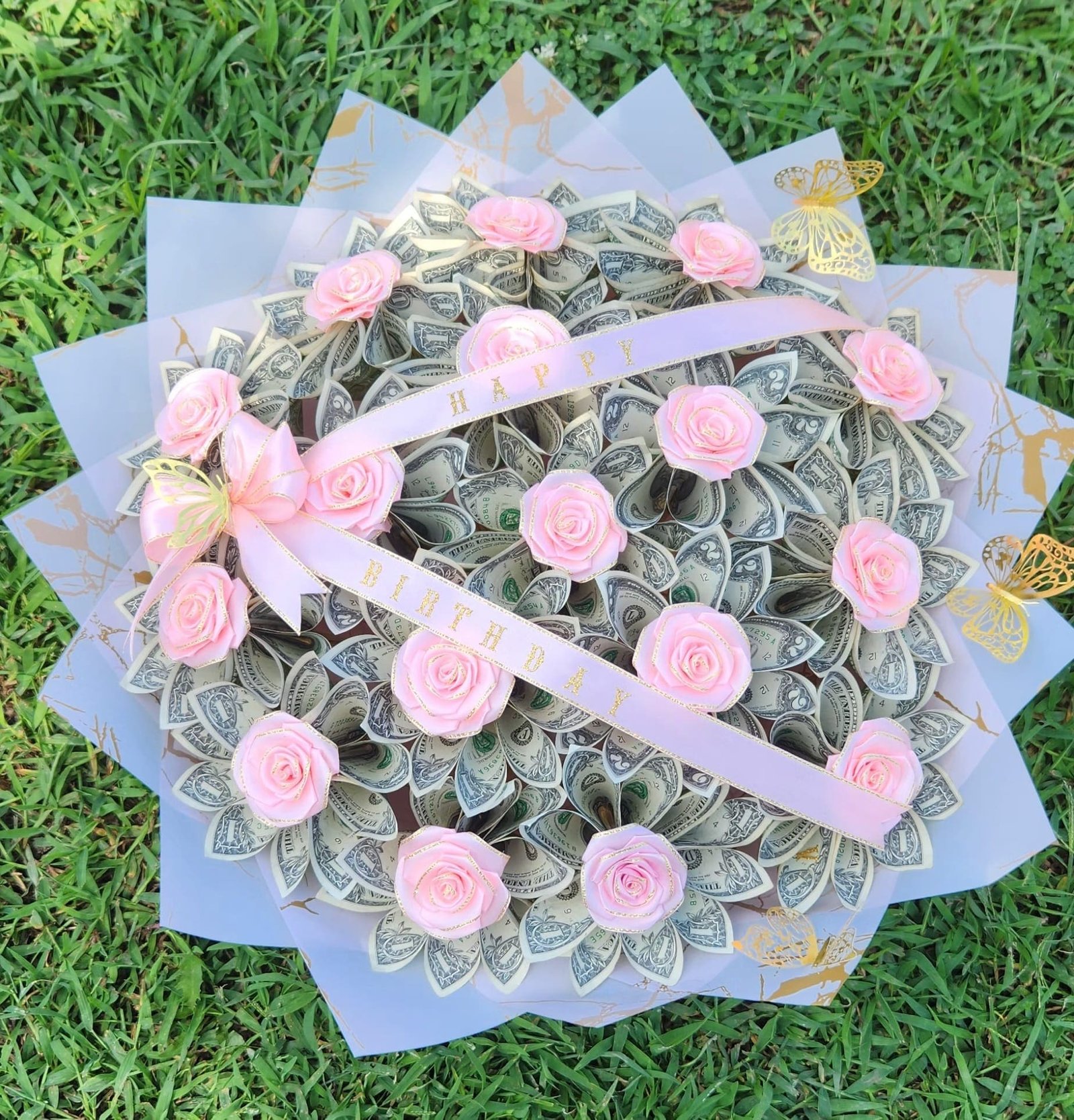 Bouquet de Billetes con Rosas Rosas Happy Birthday